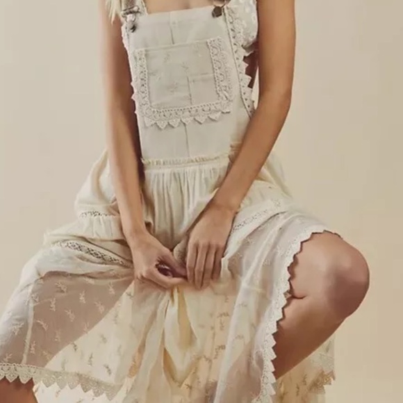 New Free People Trails End Lace Crochet Vintage Overalls Maxi Dress Skirtall XL - Picture 3 of 8